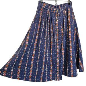 Gitano Floral Stripe Blue Vintage Cottage A-line 80s Skirt Size Medium to XL